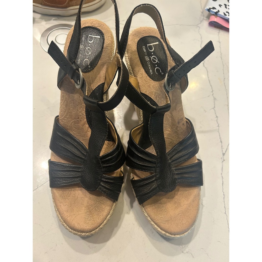 b.o.c. Born Concept‎ Wedge Sandals Black Leather Espadrille Platform